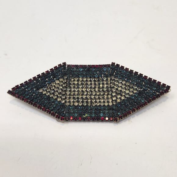 Roxanne Assoulin Geometric Brooch Pin Rhinestone Red Green Clear Art Deco Style - Picture 2 of 6